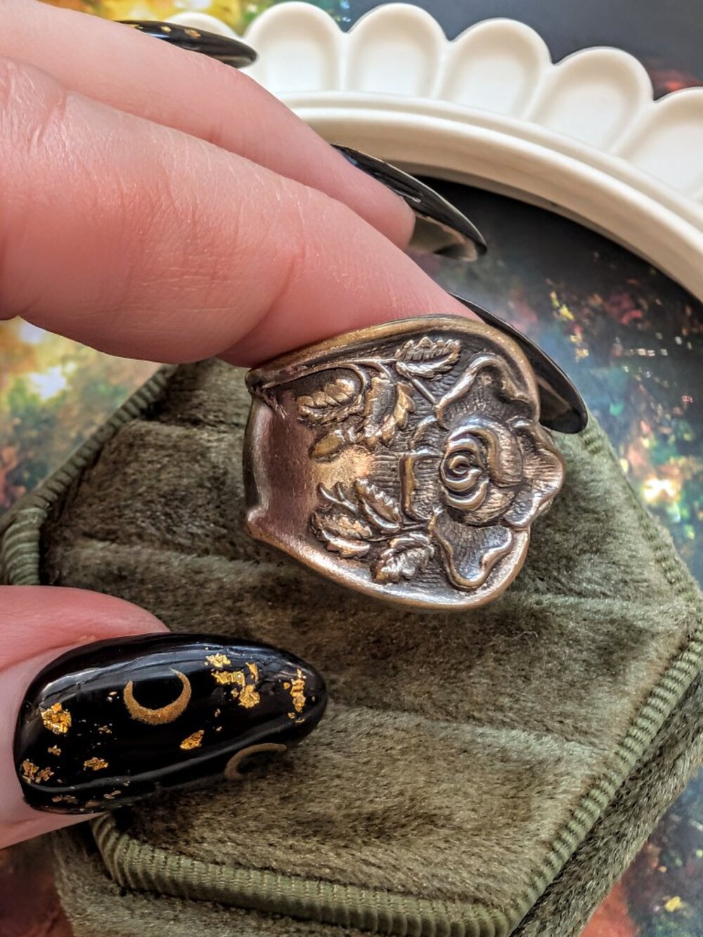 1960's Tea Rose Etched Silver Spoon Ring, Size 6.5